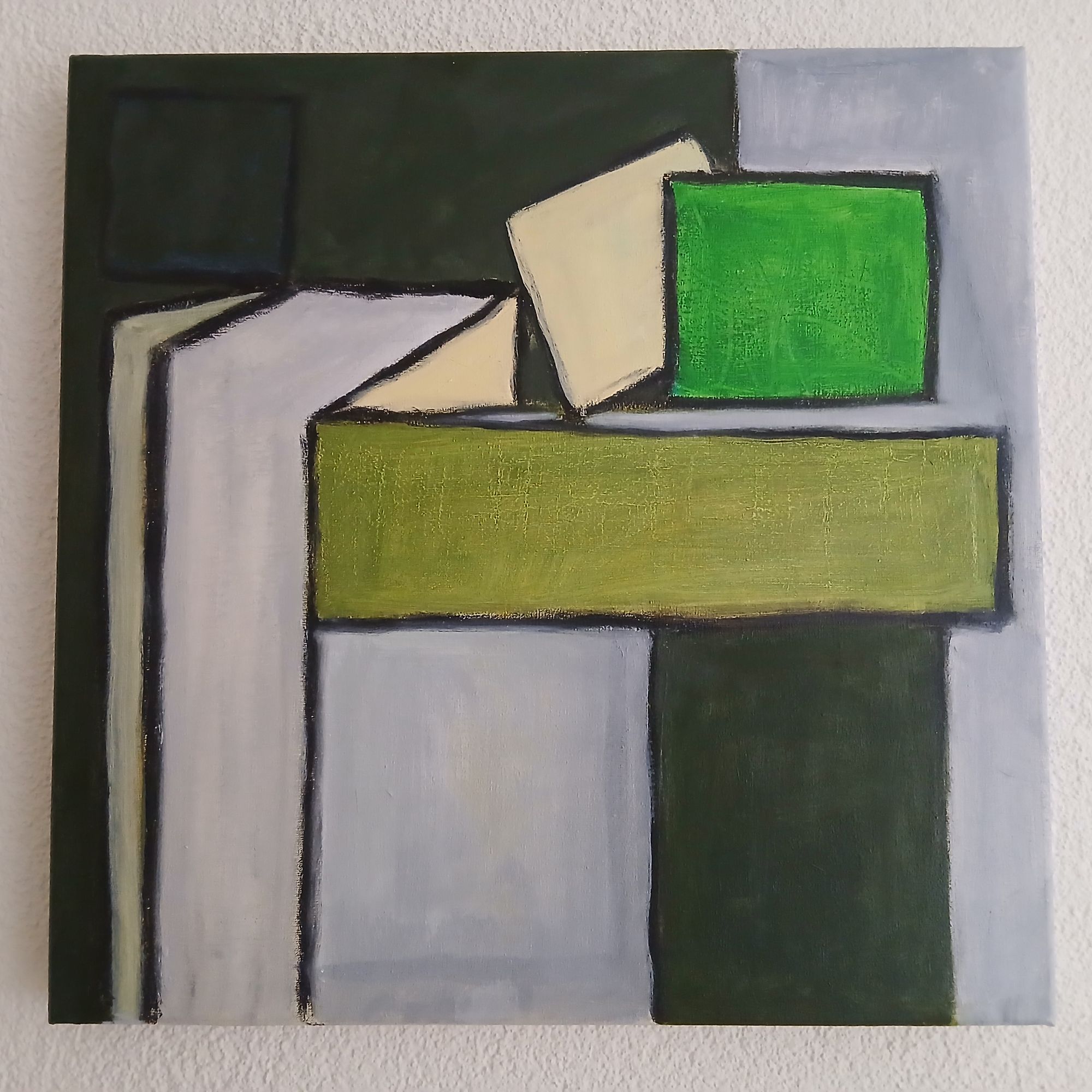 Abstract-geometrisch schilderij van Thea van der Heijden in groen, grijs en crème